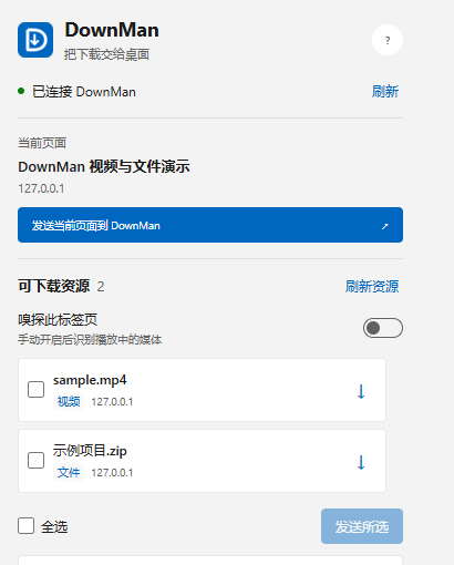 DownMan 浏览器助手浅色界面，包含资源列表和手动媒体嗅探开关